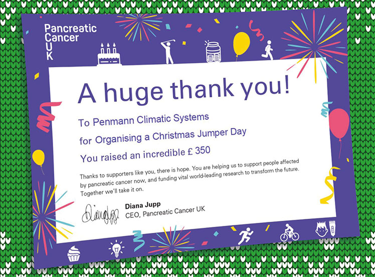 Penmann - Christmas Jumper fundraising certificate from Pancreatic Cancer UK